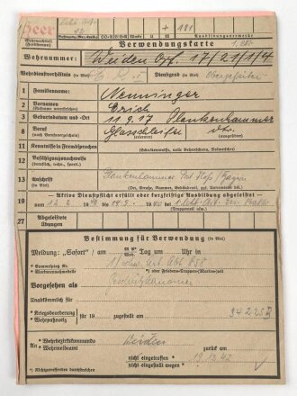 Heer, Wehrstammbuch eines Angehörigen zunächst Artillerie Ersatz Abteilung Regensburg, danach weitere Artillereinheiten, Rußlandfeldzug, eingetragene Ostmedaille.