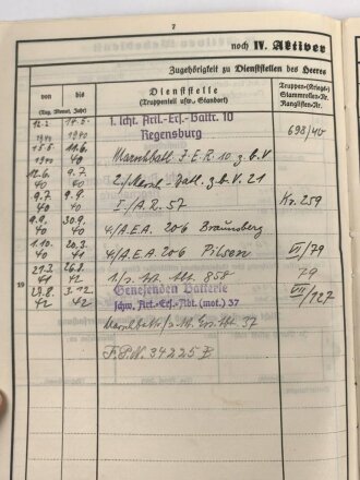 Heer, Wehrstammbuch eines Angehörigen zunächst Artillerie Ersatz Abteilung Regensburg, danach weitere Artillereinheiten, Rußlandfeldzug, eingetragene Ostmedaille.