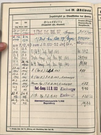 Heer, Wehrstammbuch eines Angehörigen  zunächst Infanterie Ersatz Btl 97 Eger, danach I.R. 163, entlassen am 14.12.42.