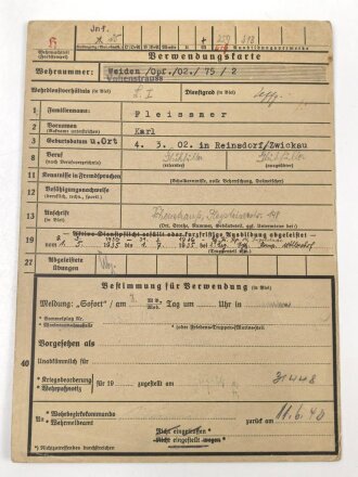 Heer, Wehrstammbuch eines Angehörigen zunächst Erg. Komp. Amberg, dann Infanterie Regiment 481 und 456, Landesschützen Batl.514.