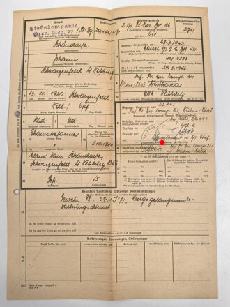 Heer, Wehrstammbuch eines Angehörigen zunächst Pionier Ersatz Btl. 46 Regensburg, danach verschiedene Grenadier und Pionier Einheiten.