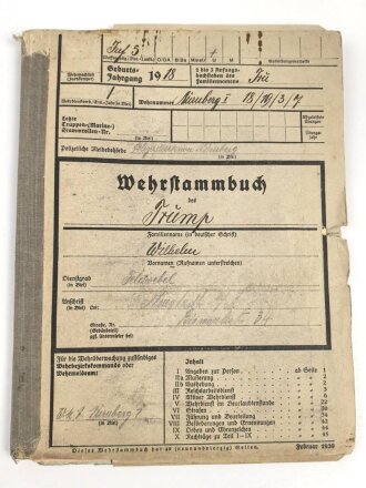 Heer, Wehrstammbuch eines Angehörigen zunächst Infanterie Ersatz Btl. 21 Fürth., danach weiter Infanterieeinheiten, Ab Oktober 1942 beim Wehrbezirkskommando Fürth.