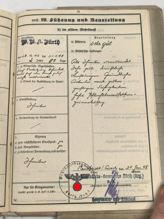 Heer, Wehrstammbuch eines Angehörigen zunächst Infanterie Ersatz Btl. 21 Fürth., danach weiter Infanterieeinheiten, Ab Oktober 1942 beim Wehrbezirkskommando Fürth.