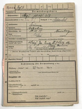 Heer, Wehrstammbuch eines Angehörigen zunächst Infanterie Ersatz Btl. 21 Fürth., danach weiter Infanterieeinheiten, Ab Oktober 1942 beim Wehrbezirkskommando Fürth.