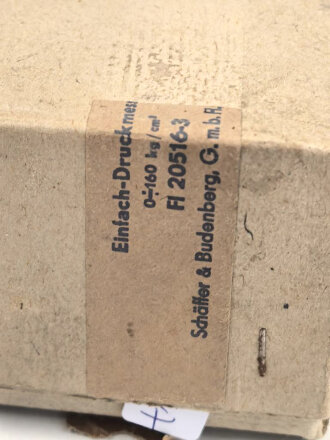 Luftwaffe Einfach Druckmesser Fl 20516-3. Funktion nicht geprüft, so unter anderem in He162 verbaut, Unverbautes Stück im originalen Umkarton