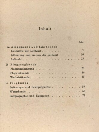 NSFK "Luftfahrtkunde" Heft 2, datiert 1943, 128 Seiten, DIN A5. Hakenkreuz übermalt