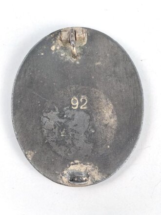 Verwundetenabzeichen in silber, Zink versilbert, Herstellermarkierung 92 für Josef Rückert & Sohn, Nadelsystem defekt