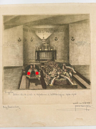 Original Radierung "Krypta Helden Denkmal für die Gefallenen des Weltkriegs 1914-1918" Signiert " Franz Xaver Thü 1935"  Sicherlich in Österreich. Maße 31 x 33cm