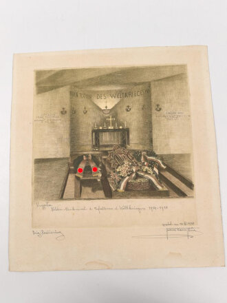 Original Radierung "Krypta Helden Denkmal für die Gefallenen des Weltkriegs 1914-1918" Signiert " Franz Xaver Thü 1935"  Sicherlich in Österreich. Maße 31 x 33cm