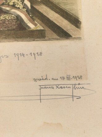 Original Radierung "Krypta Helden Denkmal für die Gefallenen des Weltkriegs 1914-1918" Signiert " Franz Xaver Thü 1935"  Sicherlich in Österreich. Maße 31 x 33cm