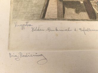 Original Radierung "Krypta Helden Denkmal für die Gefallenen des Weltkriegs 1914-1918" Signiert " Franz Xaver Thü 1935"  Sicherlich in Österreich. Maße 31 x 33cm