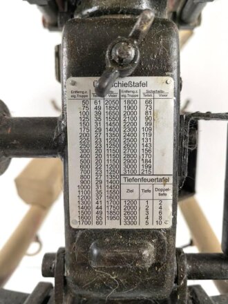 Lafette für MG 42, jugoslawische Fertigung nach 1945. Neuzeitlich lackiert und mit REPRO Überschießtafel versehen. Ungereinigtes Stück