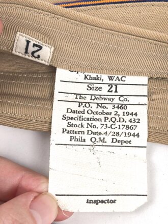 U.S. Army, Schiffchen " Cap Garrison , khaki, WAC, Womans Army Corps" datiert 1944, Größe 12. Innen gemessen 26cm