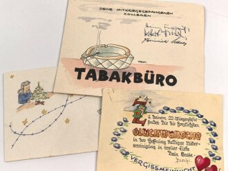 Drei handgemalte Karten eines Kriegsgefangenen