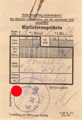 " Hilbetten ist frei 6.12.1938" Sonderstempel...