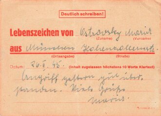 Lebenszeichenkarte aus München vom 26.2.1945 , wurde so nach den Bombennächten an Verwandte verschickt.