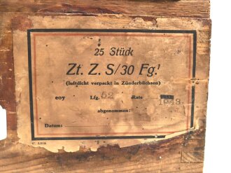 Transportkasten Wehrmacht für "25 Stück Zeitzünder S/30" , datiert 1943.