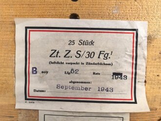 Transportkasten Wehrmacht für "25 Stück Zeitzünder S/30" , datiert 1943.