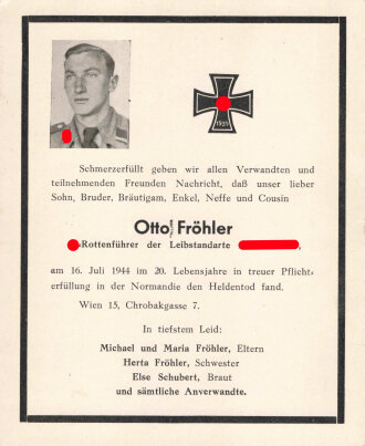 "Leibstandarte Adolf Hitler "Heldentodkarte eines Angehörigen, Gefallen in der Normandie, Maße 12 x 14,5 cm