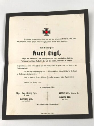 Heldentod Traueranzeige eines Trägers der Ostmedaille, eines Krimschildes und eines rumänisches Ordens, versendet als Brief. Maße 23 x 29cm