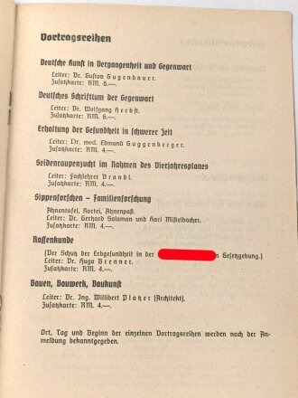 Deutsche Arbeitsfront, Volksbildungsstätte "Arbeitsplan für das Winterhalbjahr 1939/40" 14 Seiten, DIN A5