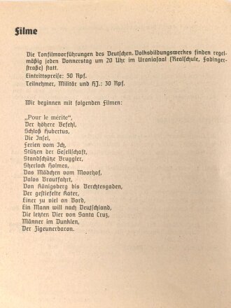 Deutsche Arbeitsfront, Volksbildungsstätte "Arbeitsplan für das Winterhalbjahr 1939/40" 14 Seiten, DIN A5