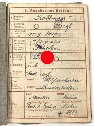 Wehrpaß Heer, eingestellt am 3.November 1939 bei Gebirgsjäger Ersatz Btl. 136 Wörgl.