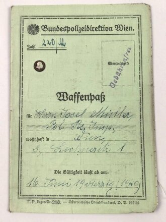 Bundespolizeidirektion Wien "Waffenpaß" datiert 1937