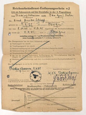 Reichsarbeitsdienst für die weibliche Jugend "Dienstausweis einer Arbeitsmaid II" ausgestellt 1945, mit Beschäftigungszeugnis und Entlassungsschein, entnazifiziert