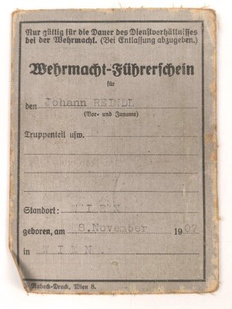 Wehrmacht Führerschein eines Mannes aus Wien, datiert 1938