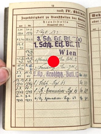 Wehrpaß Heer, eingestellt am 1.240 bei Schtz. Ers. Btl. Wien.