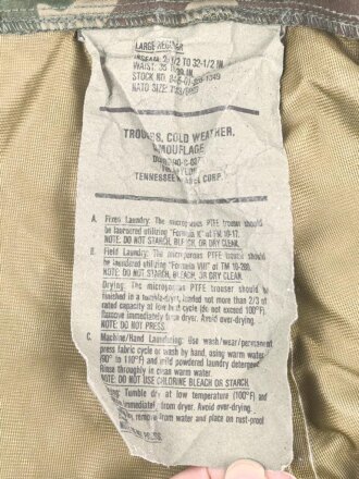 U.S. Army, Trousers, Cold Weather, Camouflage. dated 1990, size Large regular. Uncleaned