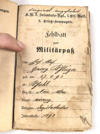 Militärpaß eines Angehörigen Infanterie Regiment 12, Eingestellt 25.2.15, Frankreichfeldzug, viele Einträge
