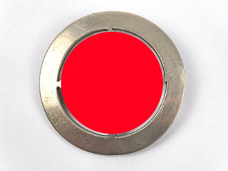 N.S. Sympathieabzeichen, umrandete Brosche mit auf der Spitze stehendem Hakenkreuz . Buntmetall versilbert, 30mm Durchmesser, Nadelsystem fehlt
