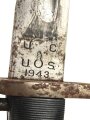 U.S. Army  2.Weltkrieg, Seitengewehr für M 1 Garand . Hersteller UC, datiert 1943. Ungereinigtes Stück, oberer Scheidenbeschlag leicht verbogen
