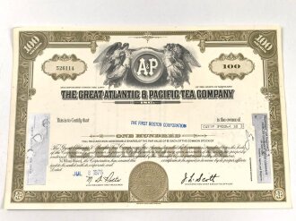 USA, "The Great Atlantic & Pacific Tea Company"  Aktie / Anteilsschein  datiert 1976. Maße  20,5 x 30,5m