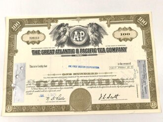 USA, "The Great Atlantic & Pacific Tea Company"  Aktie / Anteilsschein  datiert 1976. Maße  20,5 x 30,5m