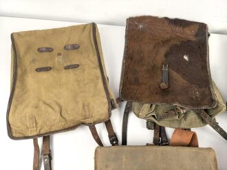 Sechs deutsche Tornister aus der Zeit des 2. Weltkrieg, Wehrmacht und Partei bzw. Eigentumstücke für Parteiverbände. Alles mehr oder weniger defekt