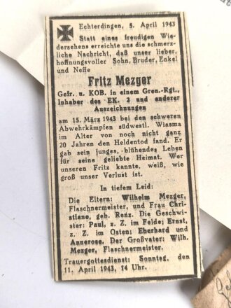 Konvolut Feldpost eines am 15.März 1943 25km ostwärts Dorogobush ( Russland) gefallenen Angehörigen  im Infanterie Regiment 34. Insgesamt 45 Belege