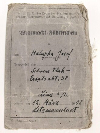 Wehrmachts-Führerschein für einen Angehörigen der Schwere Flak Ersatzabt. 38, datiert 1941