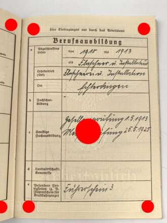 Arbeitsbuch eines Selbstständigen Installateur aus Esslingen am N., datiert 1940