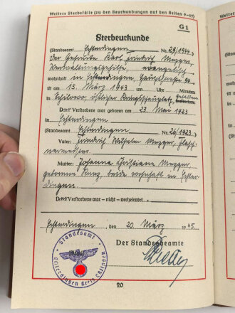 Deutsches Einheits-Familienstammbuch einer Familie aus Echterdingen Kreis Esslingen, datiert 1945