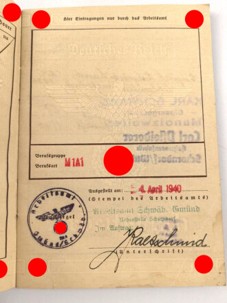 Arbeitsbuch eines Hilfsarbeiters aus Waiblingen, war mal feucht