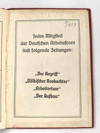 Deutsche Arbeitsfront Mitgliedsbuch eines Angehörigen des Gaus Württbg.-Hohenz., Stuttgart, datiert 1936