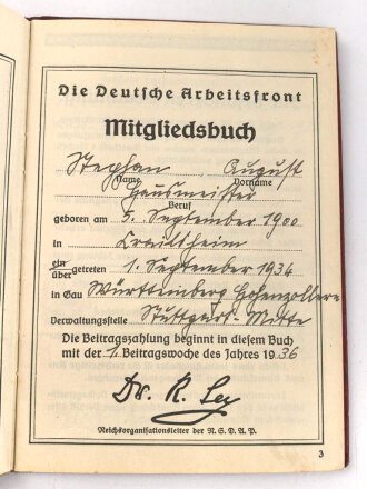 Deutsche Arbeitsfront Mitgliedsbuch eines Angehörigen des Gaus Württbg.-Hohenz., Stuttgart, datiert 1936