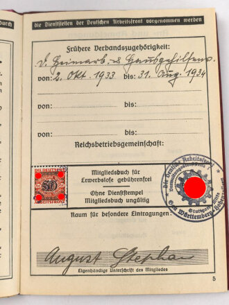 Deutsche Arbeitsfront Mitgliedsbuch eines Angehörigen des Gaus Württbg.-Hohenz., Stuttgart, datiert 1936