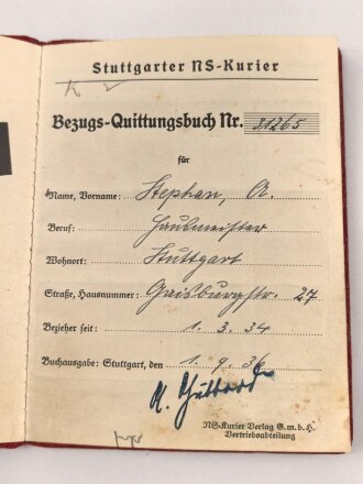 Stuttgarter NS-Kurier "Bezugs-Quittungsbuch"...