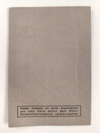 Württembergisches Wirtschaftsministerium Suttgart "Dienstausweis" einer Kanzleiangestellten, datiert 1944