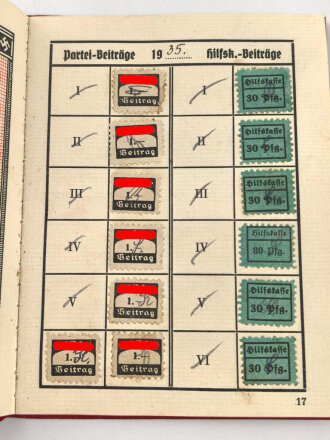 NSDAP Mitgliedsbuch einer Frau aus Ludwigsburg. Ausgestellt 1936, Mitgliedsbeiträge von 1935 bis 1944