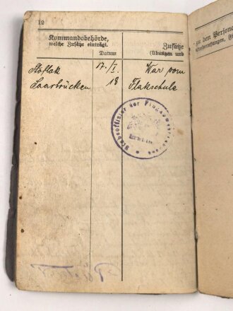 Preußen, Militärpaß eines Angehörigen im Artillerie Regiment 97 , in Krieg zur Maschinen Gewehr Kompanie 137 versetzt. Ostfeldzug ( Lettland) Eisernes Kreuz 2. Klasse 1915. Flakgruppe Neunkirchen Saar 1918